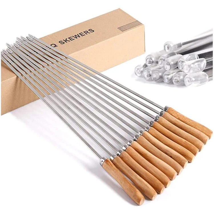 Accessories Tool Set Long Metal Kabob Skewers With Wooden Handle Stainless Steel Bbq Grill BBQ fork grill skewer