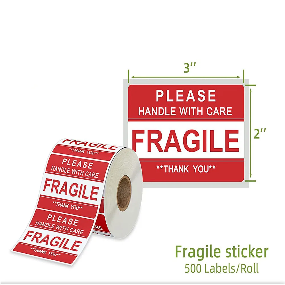 Self Adhesive 2x3inch Fragile Stickers Shipping Label Handle With Care Glassy Bottle Fragile Warning Banner Sticker