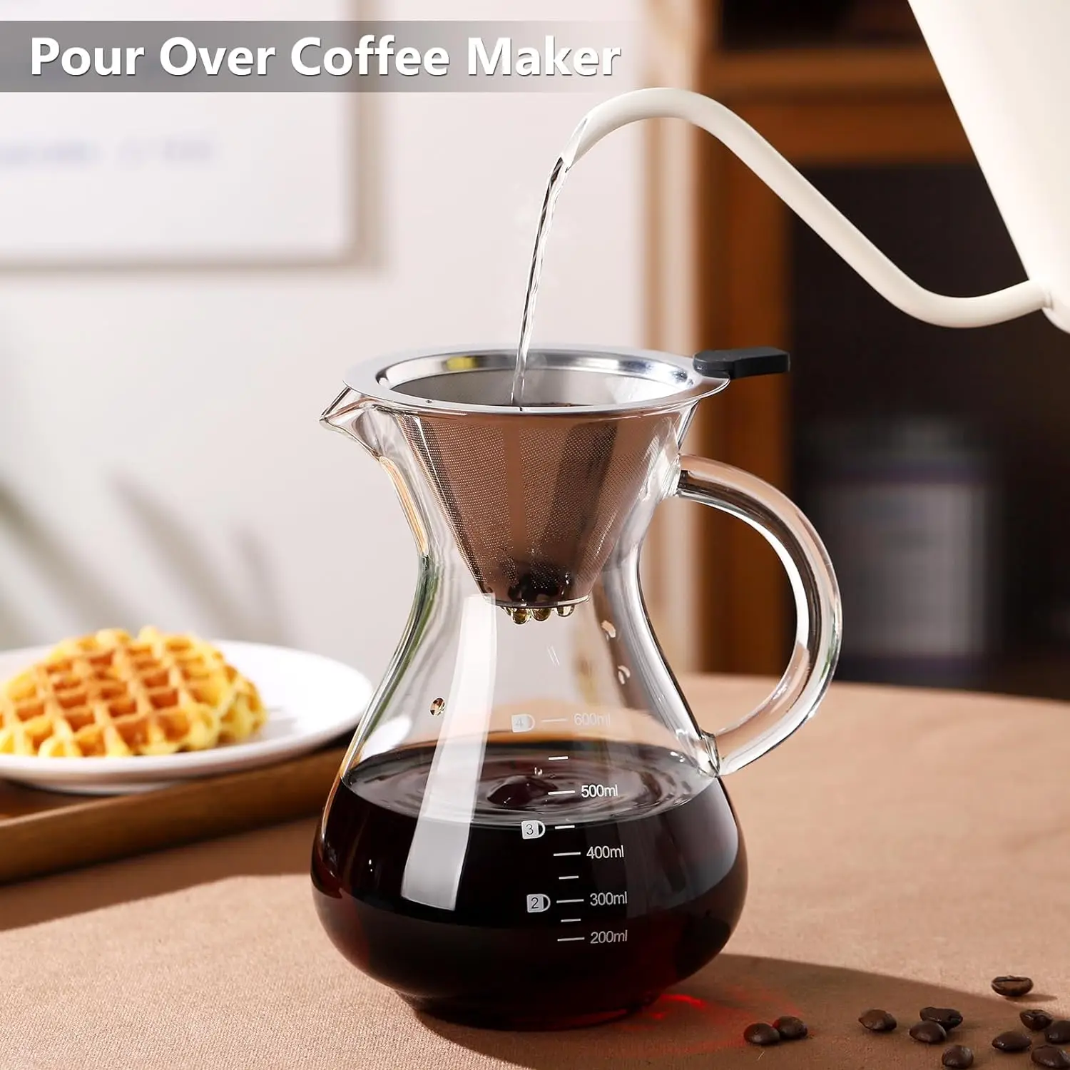 Pour Over Coffee Dripper for Coffee maker, Borosilicate Glass Carafe and Reusable Stainless Steel Permanent Filter