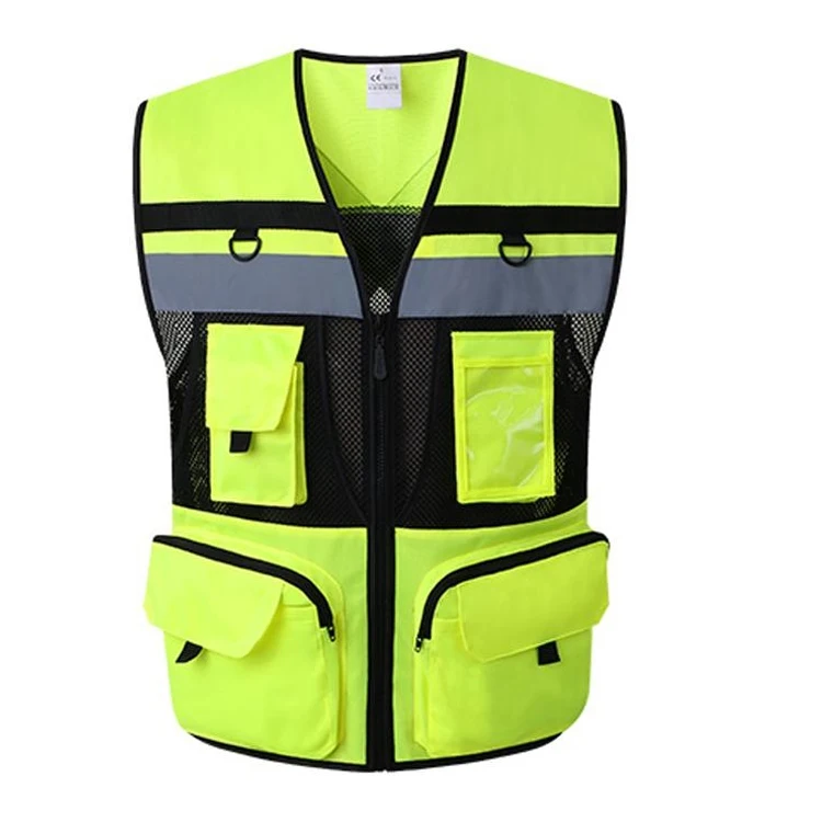Wholesale Class 2 High Visibility Breathable Crossing Multi Pockets Reflective Yellow Safety Mesh Vest