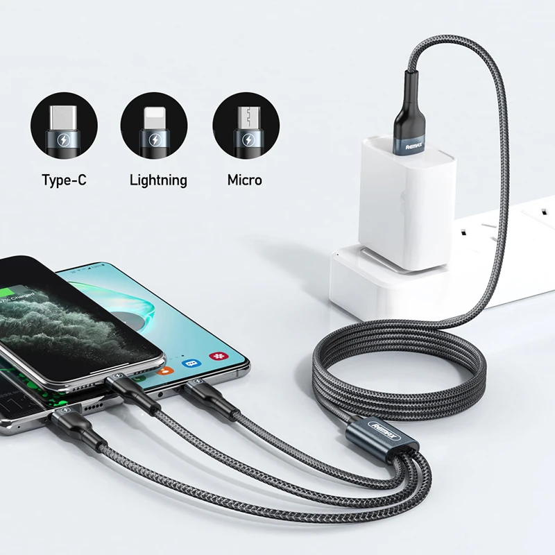  Remax Free sample RC-070th 1.2M 3 in 1 braided data cable for mobile