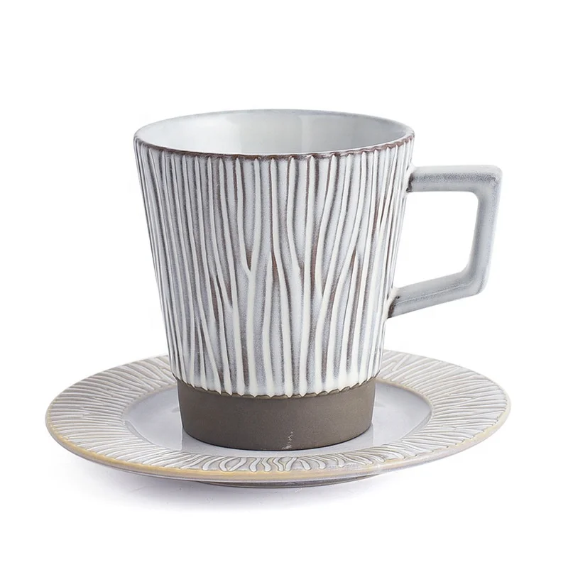 European Nordic Striped Rustic Vintage Style Pottery Mugs Ceramic Handmade Cups