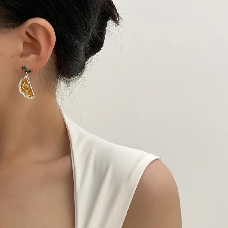 Hot Sale Fashion 925 Silver Needle Yellow Zircon Pave Fruit Lemon Stud Earrings For Summer
