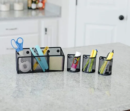 Office Supplies Black Magnetic Pencil Holder (4-pack) - Strong Magnet Wire Mesh Storage Basket Organizer Organizes Pens, Pencils