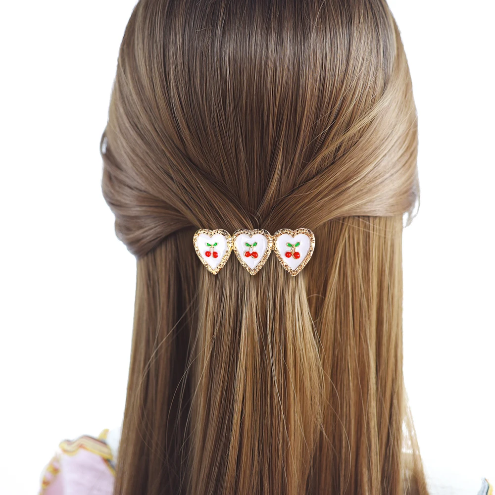 Fashion Metal Heart Enamel Cherry Hair Pin Acrylic Alligator Hair Clips for Girl