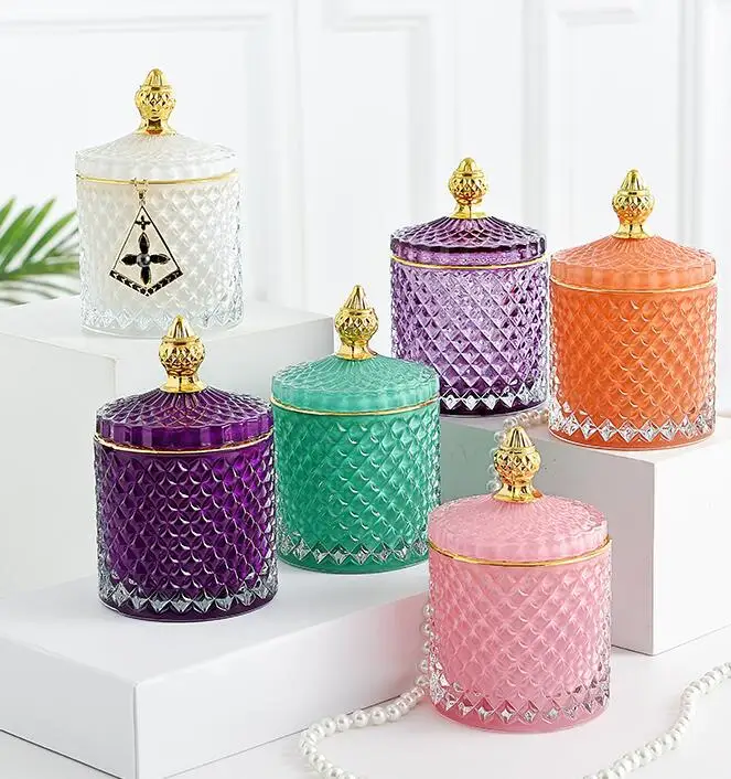 
Luxury Colorful Glass Cup Candle Jar Holder with Handle Cover Lid Can Candy Storage 