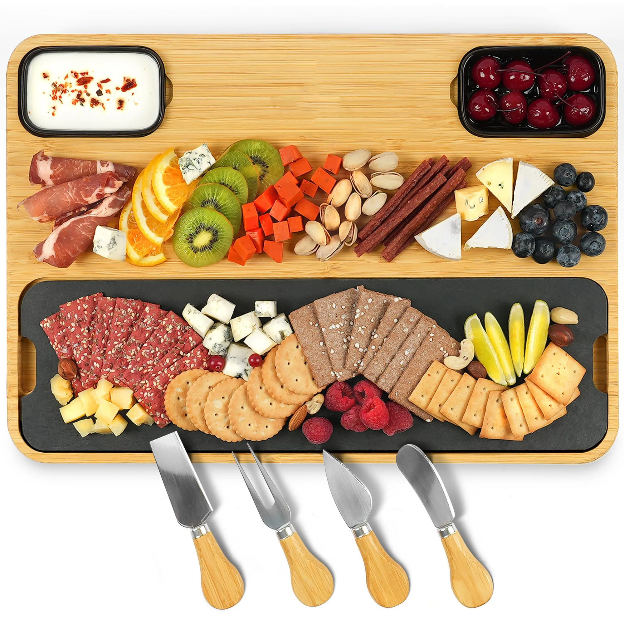 Bamboo Thickened Rectangular Cheese Board and Knife Set With Removable Slate Plate + 2 Sauce Bowls + 4 Cheese Knives