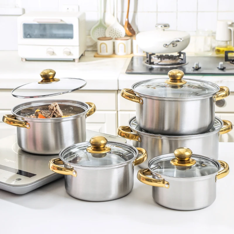 10-Piece Kitchen Cast Iron Non-Stick Cookware Set Soup & Stock Pots with Stainless Steel Hot Food Warmer Cooking Metal Material