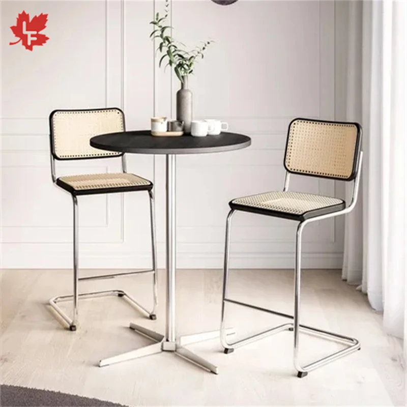 Домашний винтажный садовый деревянный тростниковый барный сидение металлические высокие черные ножки обеденный стул из натурального ротанга барные стулья cadeira