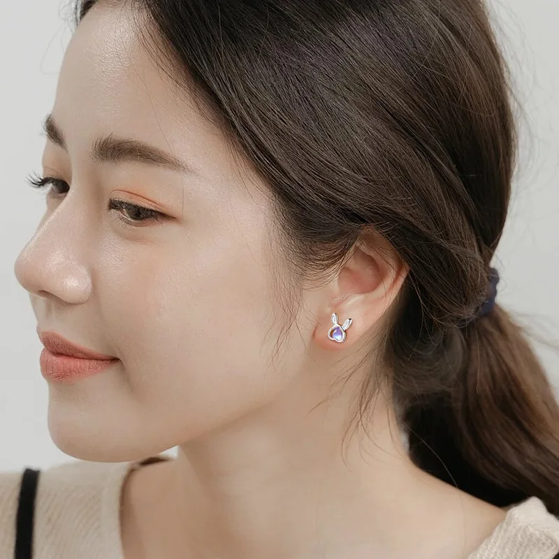 rabbit Moonstone screw ear rings Sterling Silver 925 Cute Minnie Finest Austrian Crystals Stud Earrings For Kid Little Girls