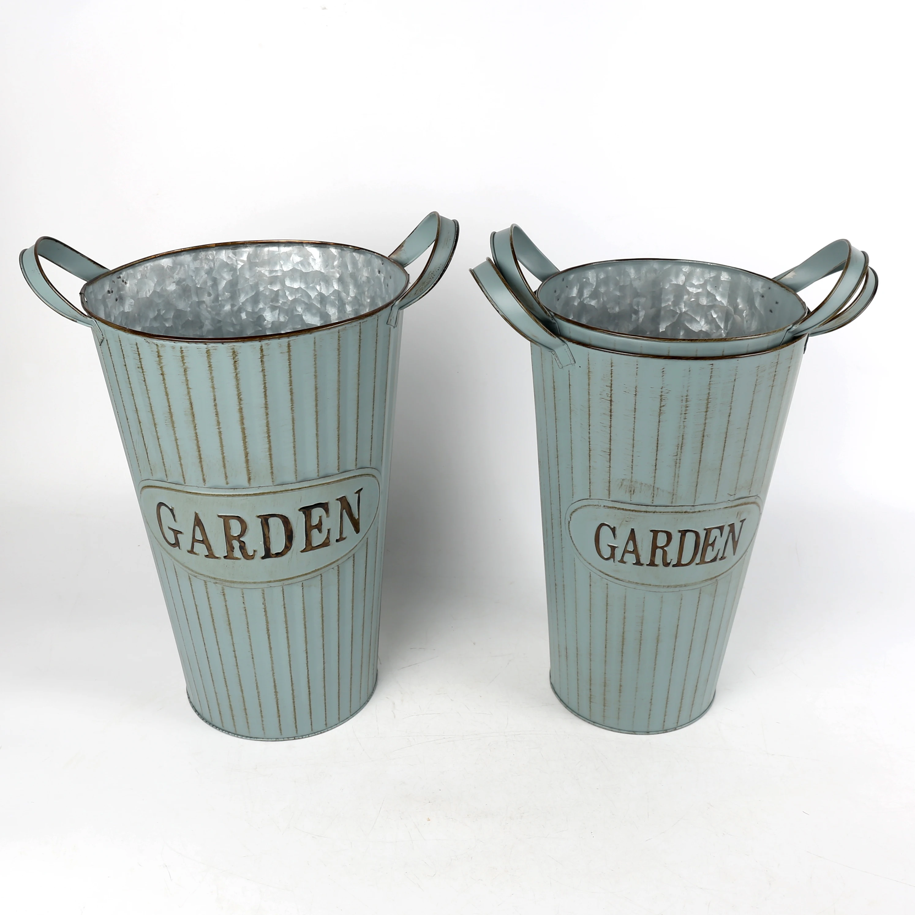 Set of three large vintage and distressed metal vases home decor flowers vase and pots