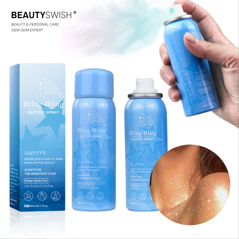 Free Sample OEM Private Label Vegan Highlighter Shiny Long Lasting Face Hair Body Spray Shimmer Party Clothes Glitter Spray