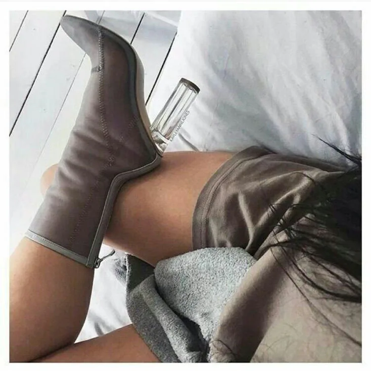 
QC-D488 Wholesale factory women breathable boots transparent crystal thick fashion boots comfortable back zipper high heel shoes 