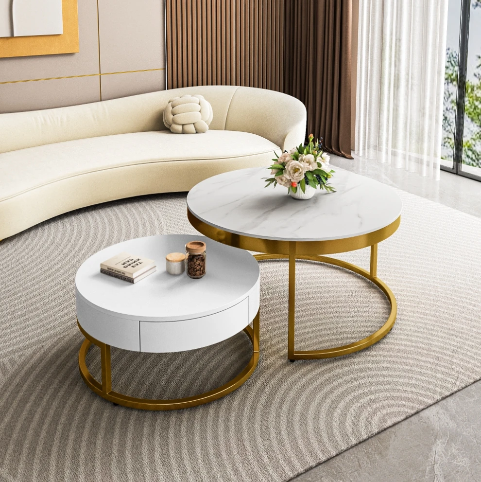 Set of 2 Nesting Round Shape Marble Table Top Tea Table Set Center Living Room Furniture Metal Frame Luxury Marble Coffee Table