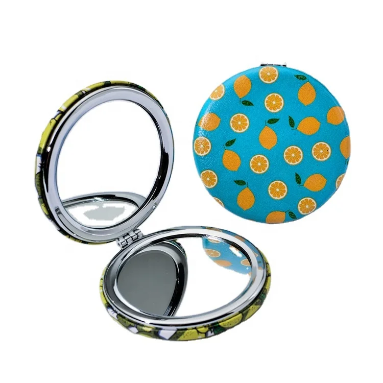 Customized Logo Beauty Round Frame Fruit Printed Handheld Mirror, Travel Portable High Definition Pocket Mirror