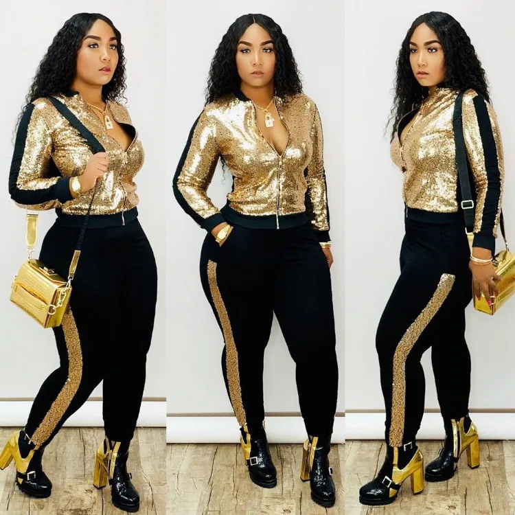 New Arrival 2020 Women Sweatsuit Bling Jogger Set Women Tracksuit Set Winter Sequin Glitter Two Piece Pants Set