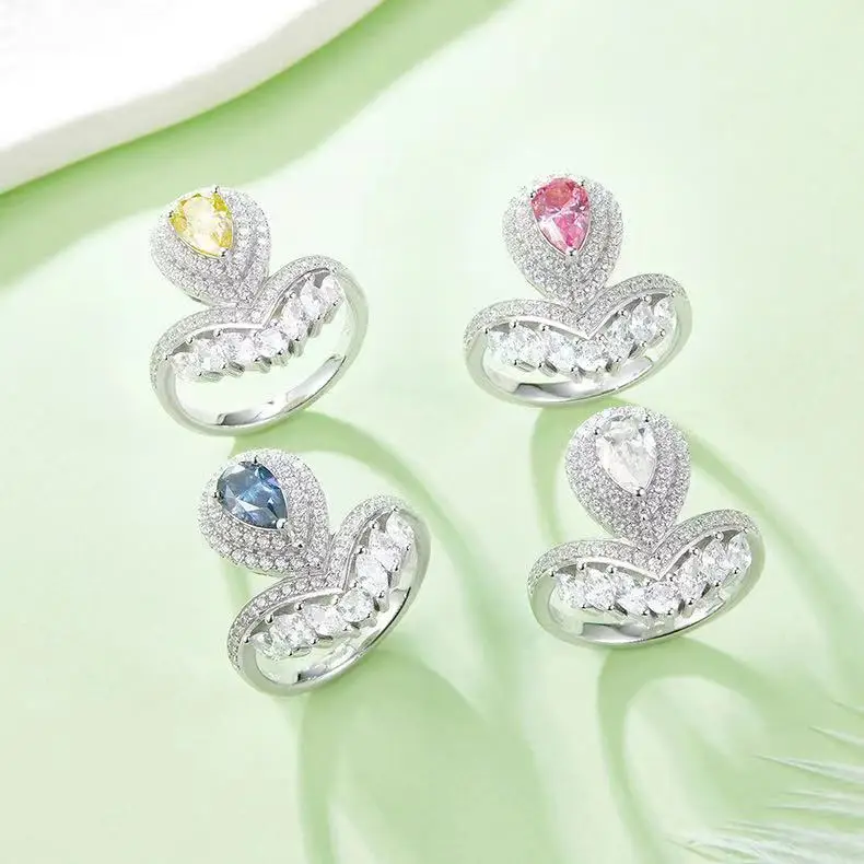1carat 925 silver jewelry s925 plated white gold engagement vvs diamond rings yellow pink blue pear marquise cut moissanite ring