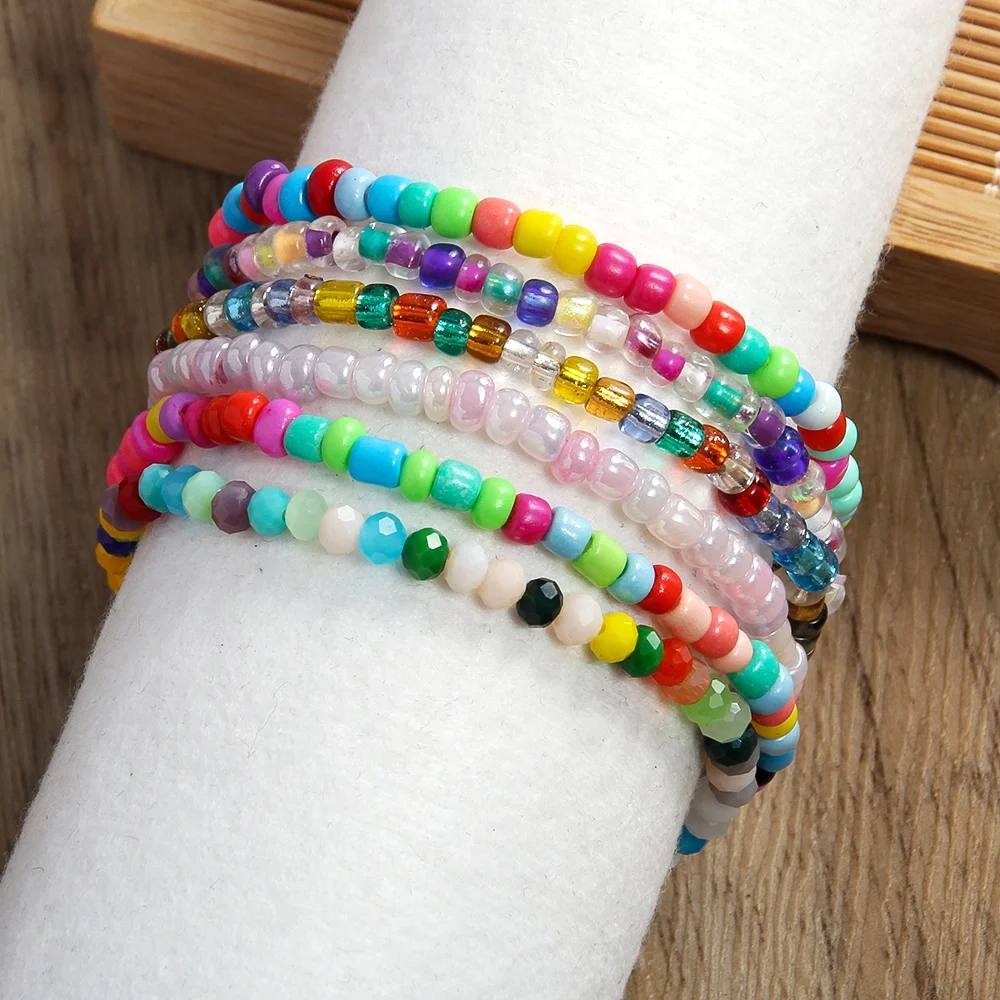New Design women Acrylic seed beads children bracelet 6pc multi color resin crystal glass beads Stack Bracelet Set