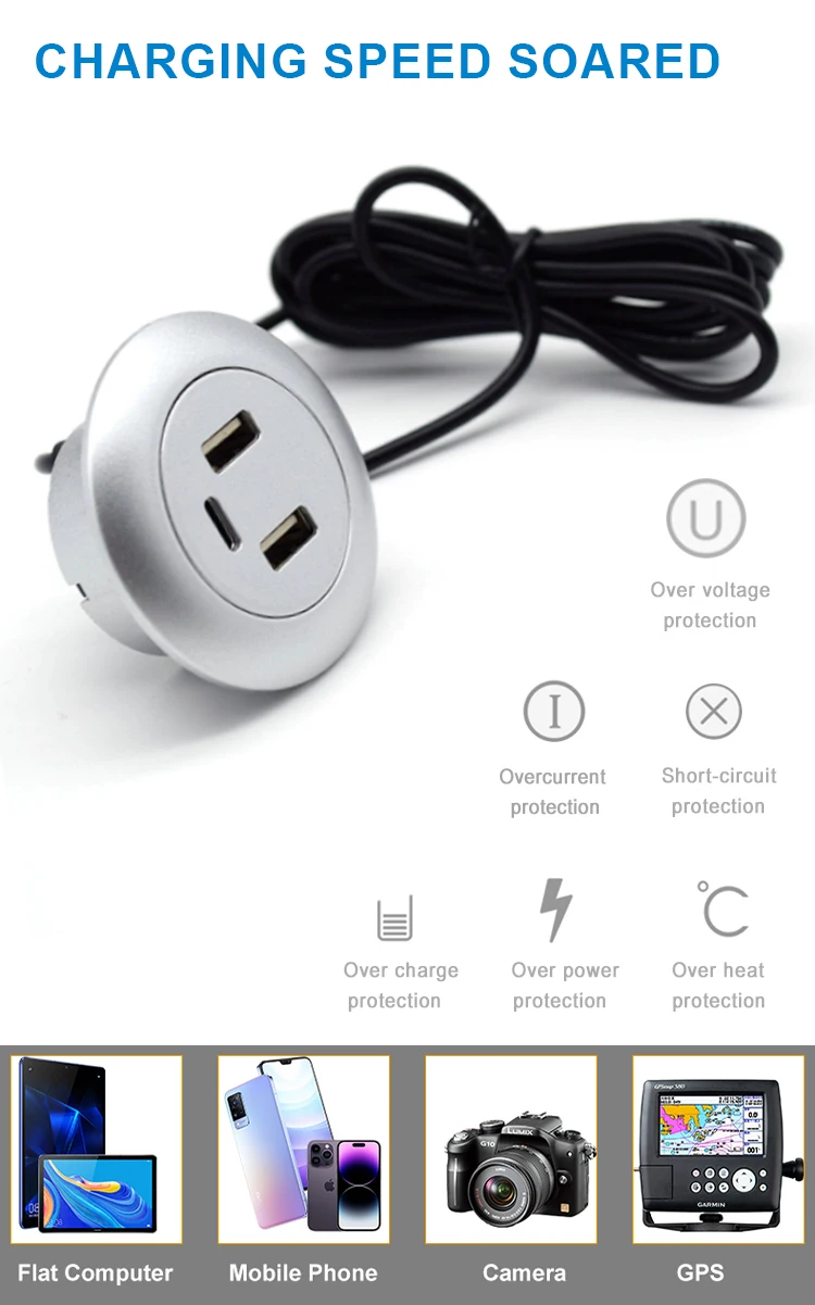 3 ports USB Outlet Quick Charger  PD Type C & Faster Charger 3.0 USB Charger with cable Socket for Car, Boat