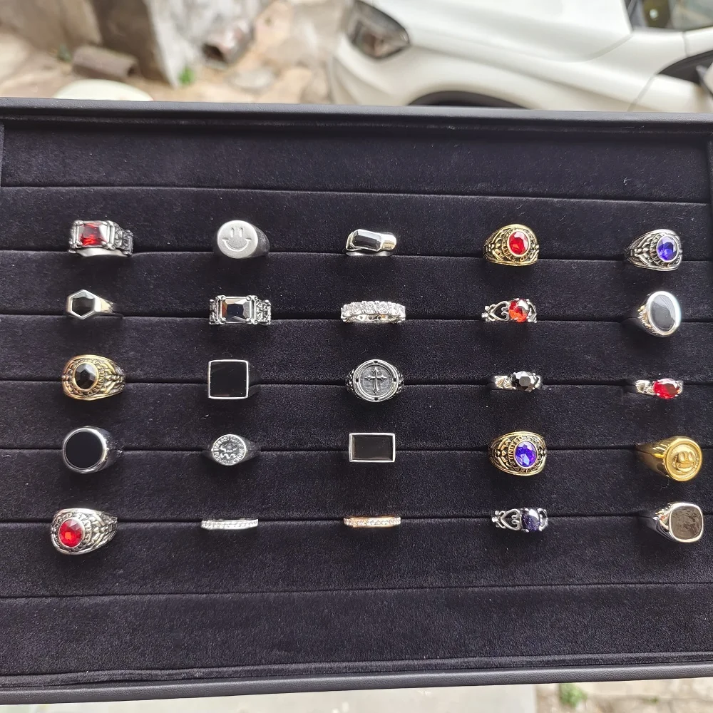 VAF 18K Silver Zircon Smile Stamp Cross Gemstone Glue Drop Ring Stainless Steel Ring For Men Women