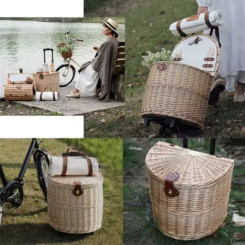 JY Wholesale  Decorative Woven Picnic Basket Wicker Wicker Picnic Basket Set Round Insulated Wicker Picnic Basket with Wheels