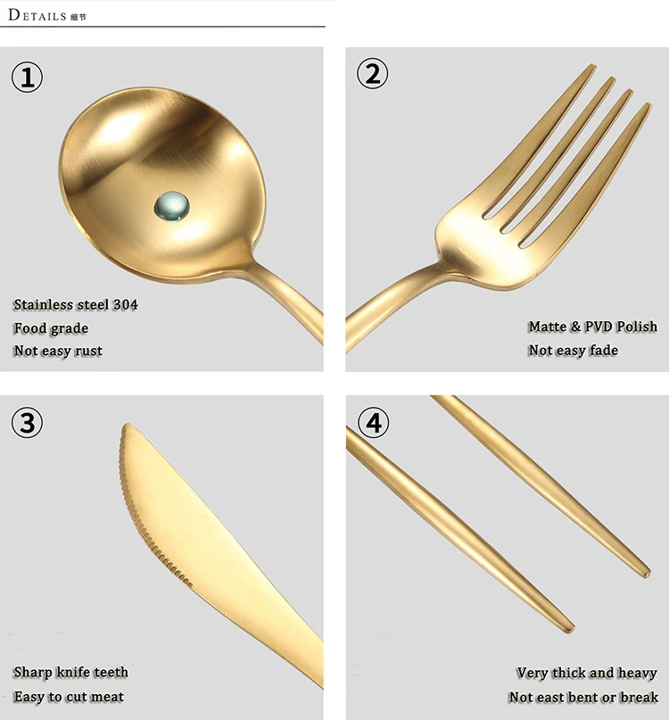 High quality Stainless steel 304 gold flatware matte gold spoon fork knife cutlery set gold flatware set