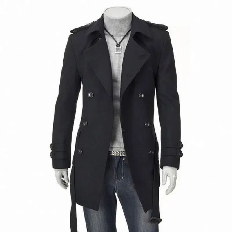 Fashion Men Long Casual Coat Wool Trench Coat Turn-down Collar Loose Overcoat