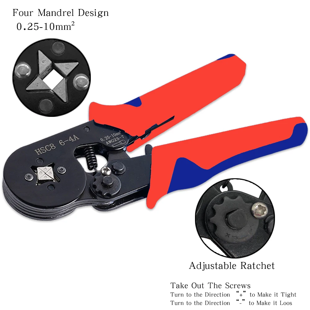 HSC8 6-4A Crimping Plier Set 23-7AWG 0.25-10mm Quadrilateral Ratcheting Ferrule Crimping Tool Kit Crimper with 400PCS Terminal