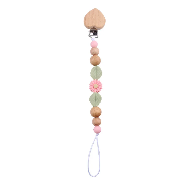 BPA Free Silicone Beads Daisy Pacifiers Clip Chain Wooden Teething Toys Baby Pacifier Clip for New Born Opp Bag Standard