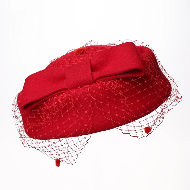 Boutique 100% Cashmere Wool Elegant Women Top Bow Hat with Veil, Celebrity Autumn Winter Bridal Tea Party Headwear