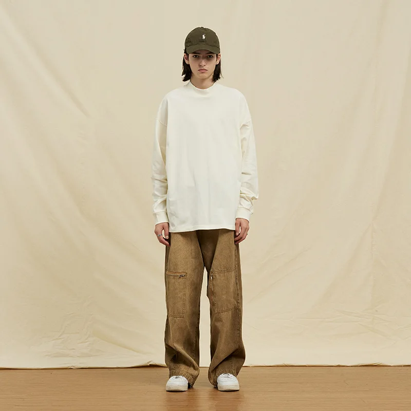 GL250 OEM CUSTOM FOG 250gsm Streetwear Oversized Mock Neck T shirt Cotton Unisex Long Sleeve Blank Heavyweight T-shirt