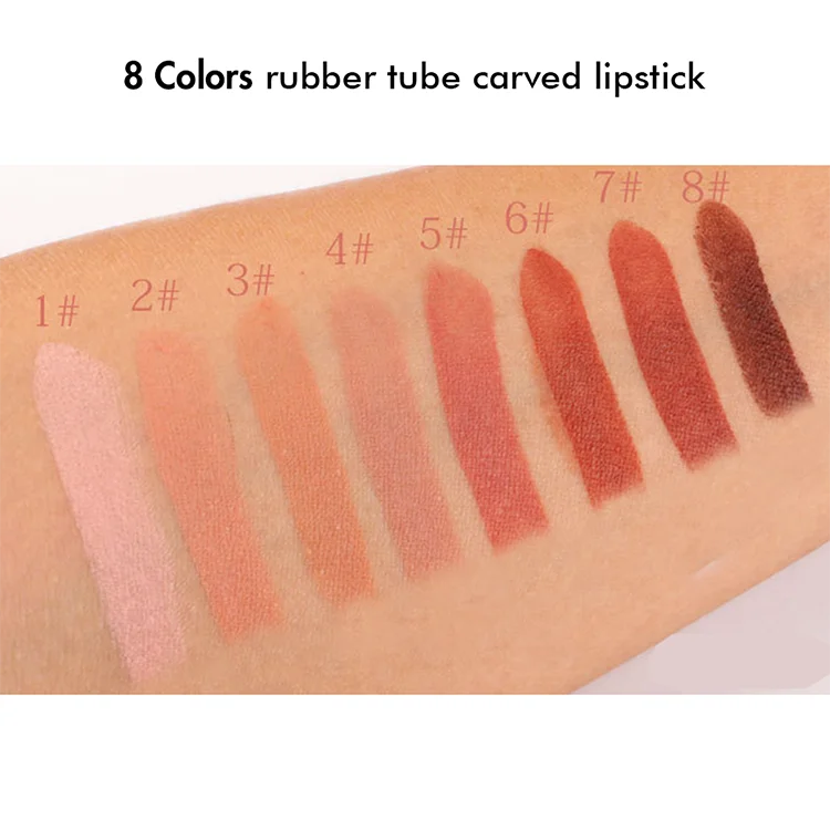 popular hot sale 8 colors rubber tube high pigment carved cute pink waterproof long lasting Korea makeup nude lipstick