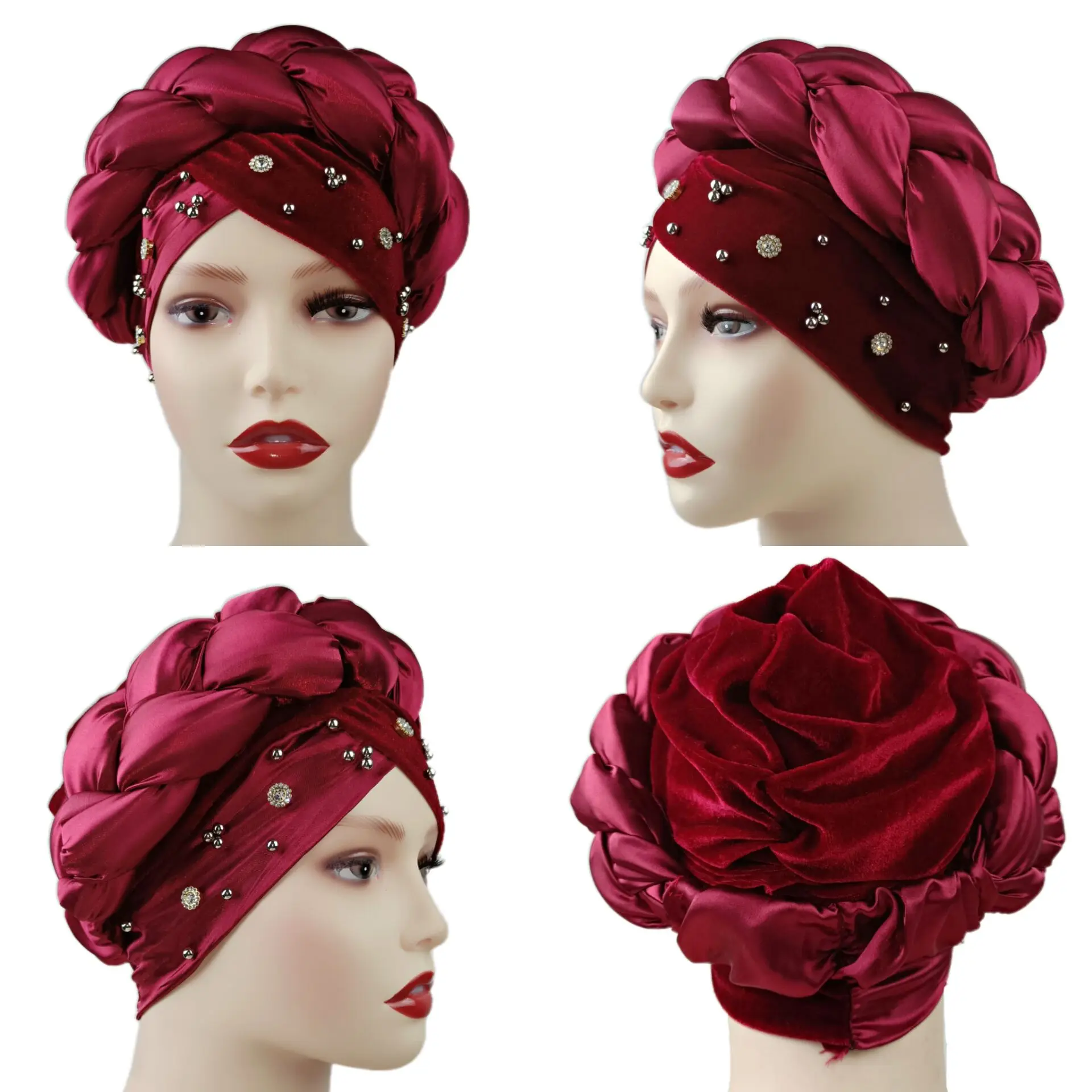 2022 New arrival beaded satin braided turban hat ladies cross gele headtie African headwear