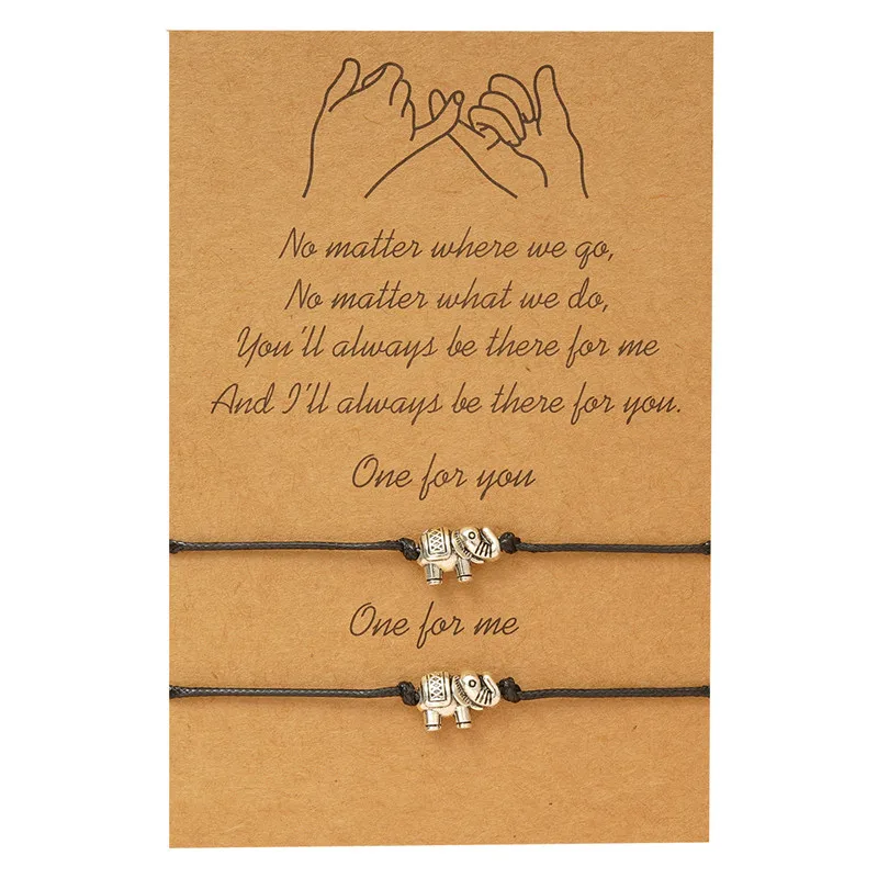 Memory Elephant Charm Black Red String Rope Cord Pinky Swear Promise Couple Bracelets with Make a Wish Card