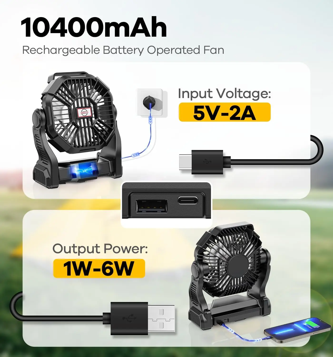 Portable Battery Operated Fan with LED Lantern Outdoor Small Rechargeable Personal Multifunction Floor Fan