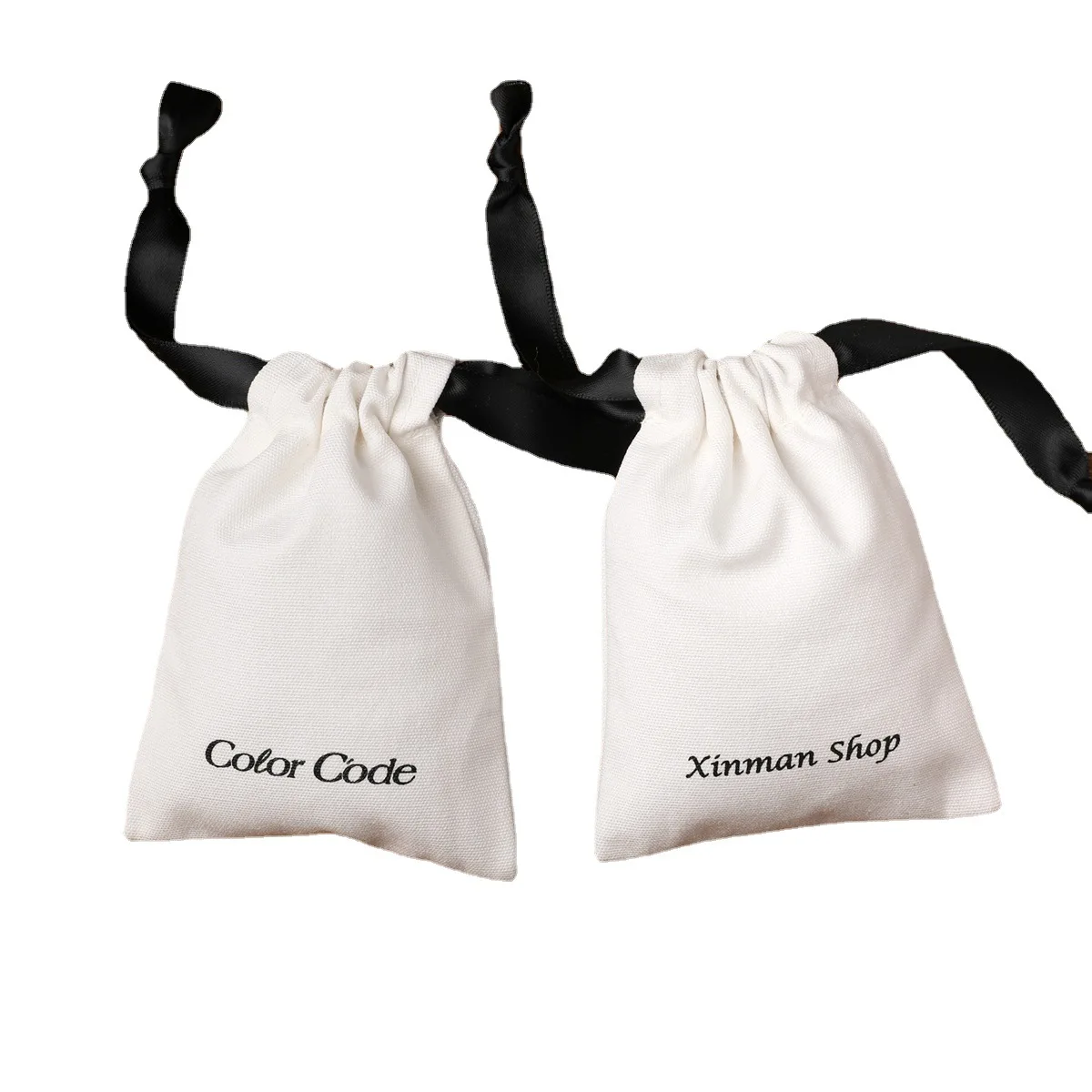 Personalized black canvas cotton packaging drawstring bag double grosgrain satin ribbon jewelry natural pouch