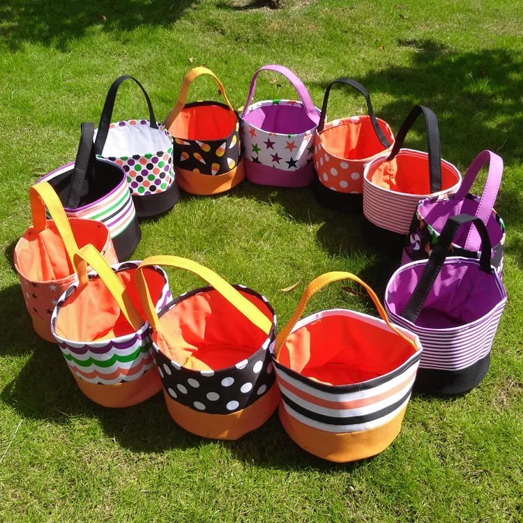 Halloween Pumpkin Bucket Supplies Black Orange Bat Skeleton Decoration Fabric Trick or Treat Candy Tote Bag Gift Basket For Kids