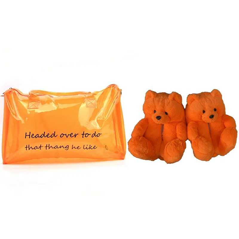 Cozy Plush Kids Home Wear For Women Teddy Bear Slippers with clear weekender bag set