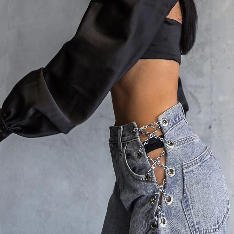 Nibber P1736571 harajuku high waist hollow out Chain design Slim jeans woman leisure high quality strgight pants mujer