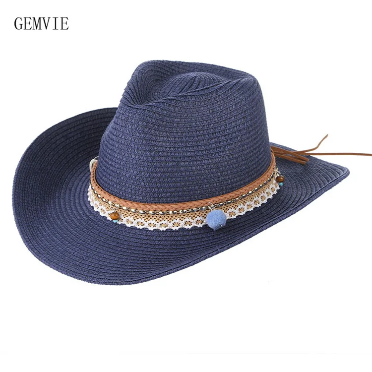 Lace Monochrome Straw Hat Fedora Hats For Adults Western Cowboy Wide Brim Straw Hat