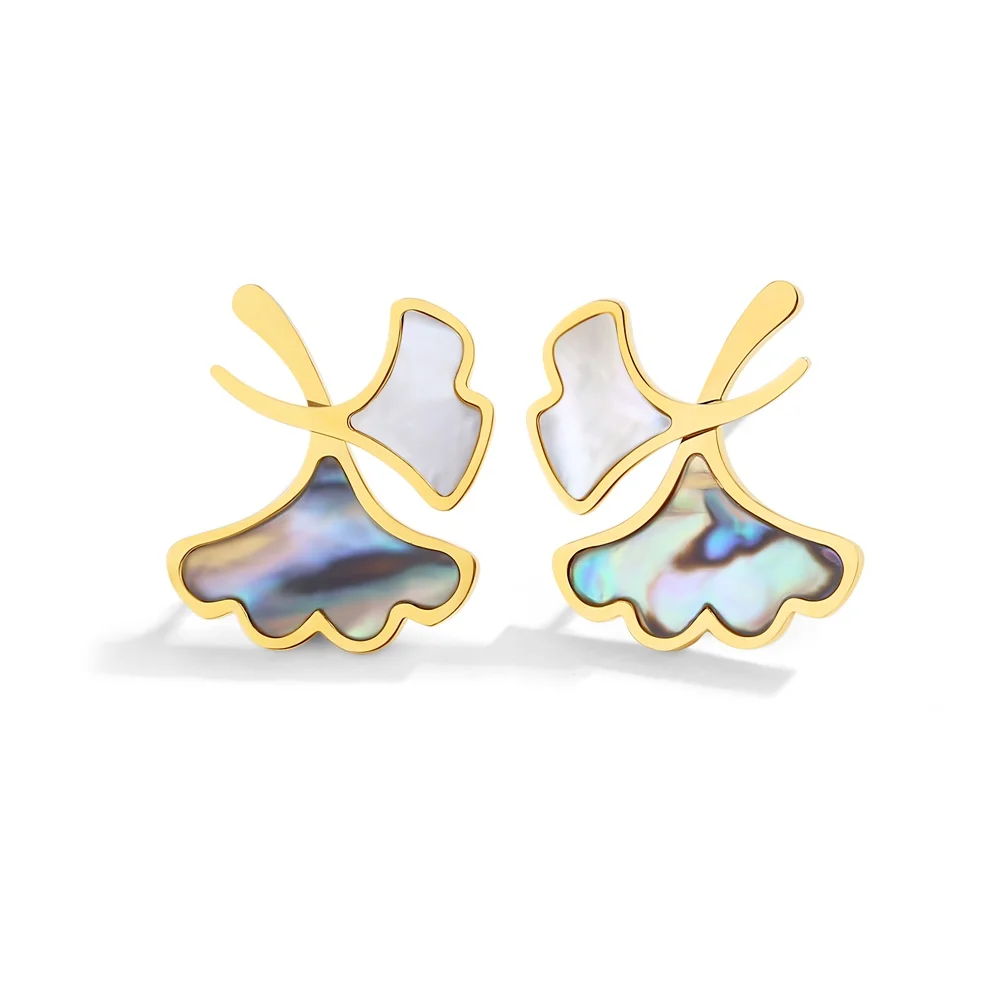 New style gold color stainless steel abalone shell ginkgo-leaf earring for girls