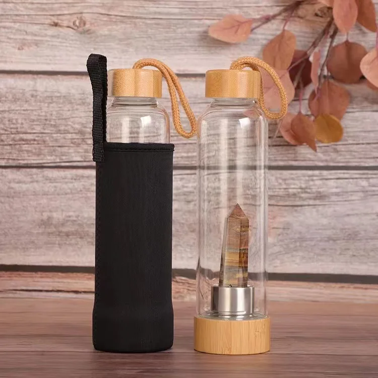 Оптовая продажа изготовленная на заказ бамбуковая крышка 16 унций бутылка с натуральным хрустальным энергетическим стеклом водой из боросиликатного стекла коробкой и крышкой