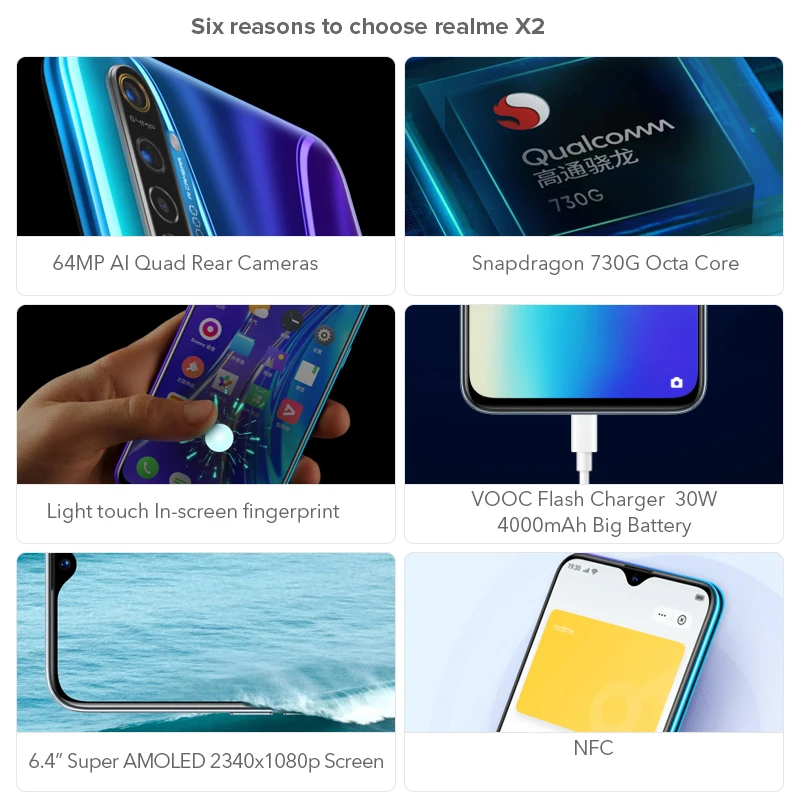 
Realme X2 X 2 6.4'AMOLED Screen Phone SN 730G 8/128GB 64MP Quad Camera NFC Cellphone OPPO VOOC 30W Fast Charger 