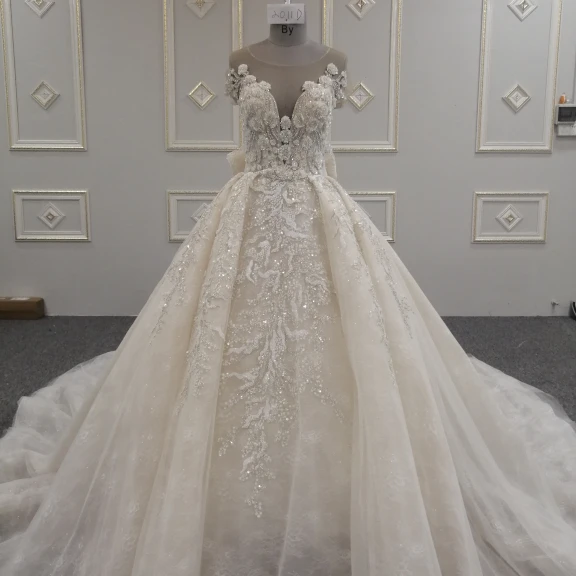 Luxury Crystal Wedding Dresses High Quality Lace Embroidery Luxury Tail Bridal Wedding gowns