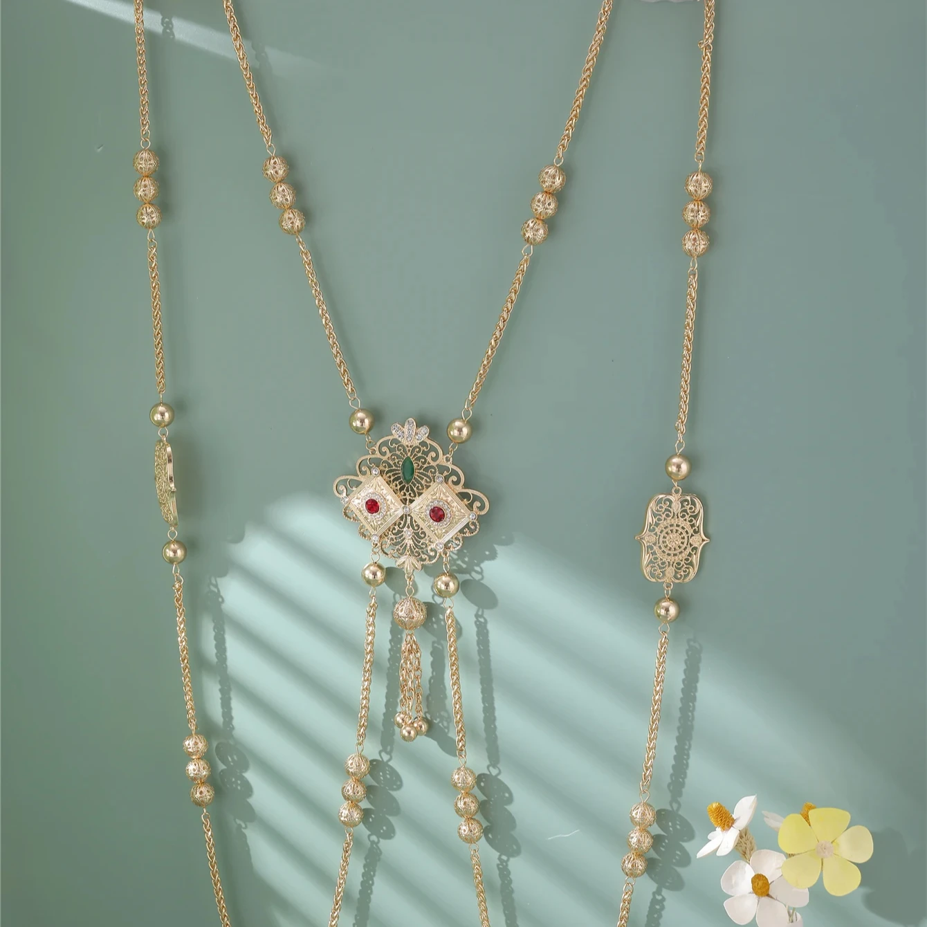 Moroccan Wedding Back Jewelry for Women Flower Design Gold Color Crystal Shoulder Chain Jewelry Kaftan Long Necklace