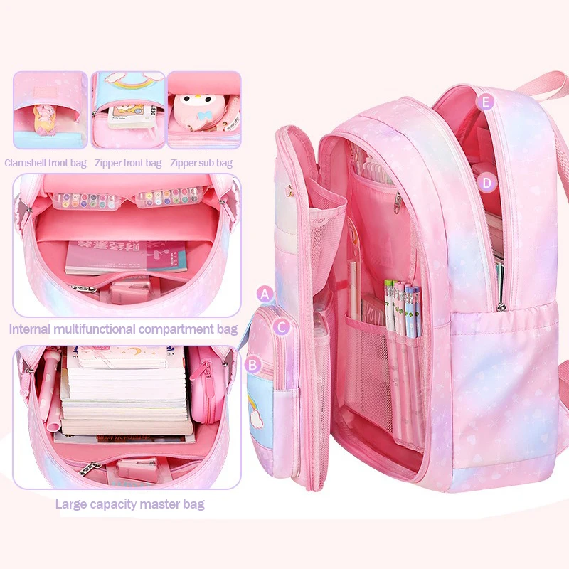 2024 New Primary School Backpack Cute Colorful Bags for Girls Princess School Bags Waterproof Children Rainbow Series Schoolbags