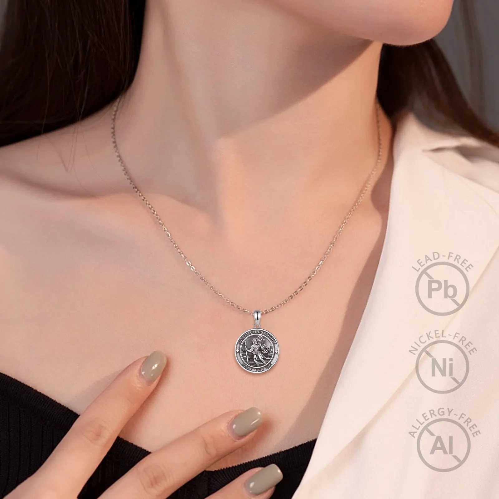 Changda 925 Sterling Silver Miraculous Medal Jesus Amulet Medal Jewelry Saint St Christopher Pendant Necklace for Men