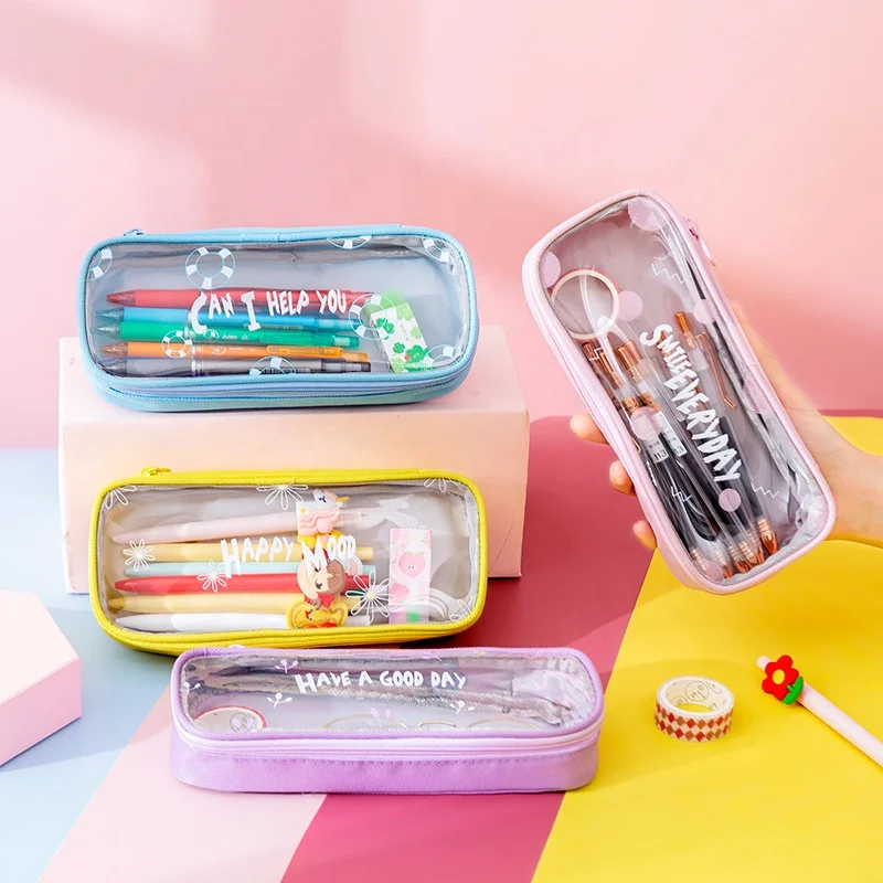 Letter printing kids transparent clear pencil pouch cute cheap pencil box
