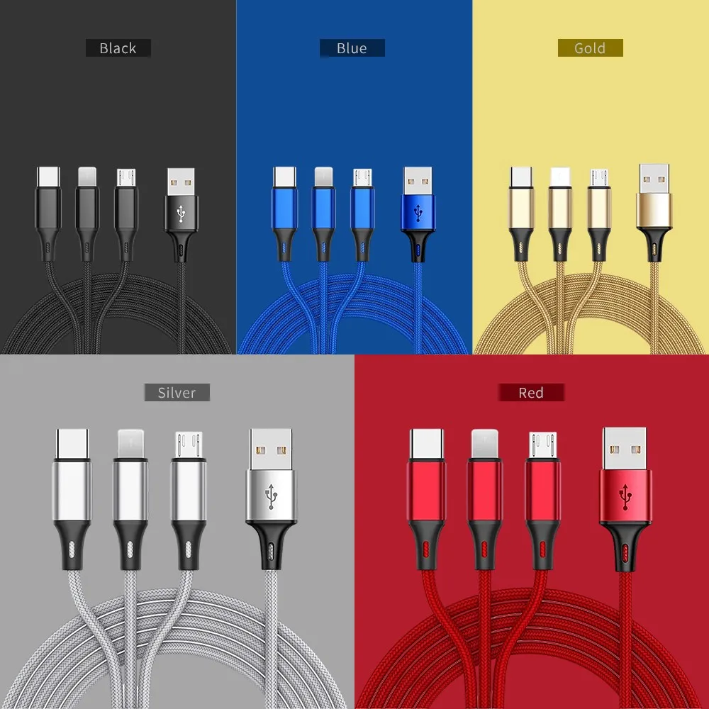 China Mainland Free Shipping Free Sample Amazon Best Selling Products Nylon Braided 2.1A Fast Charging 3 in 1 USB Cable