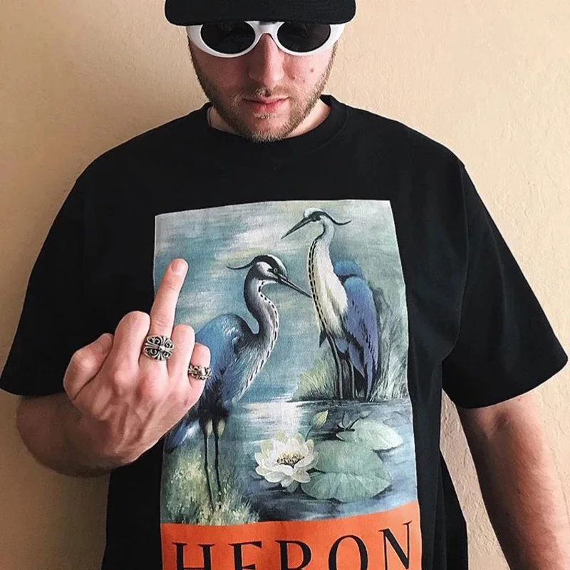 
 Винтажный стиль, 100% хлопок, футболки HERON PRESTON Crane с абстрактным рисунком, уличная одежда в стиле хип-хоп, футболки большого размера  